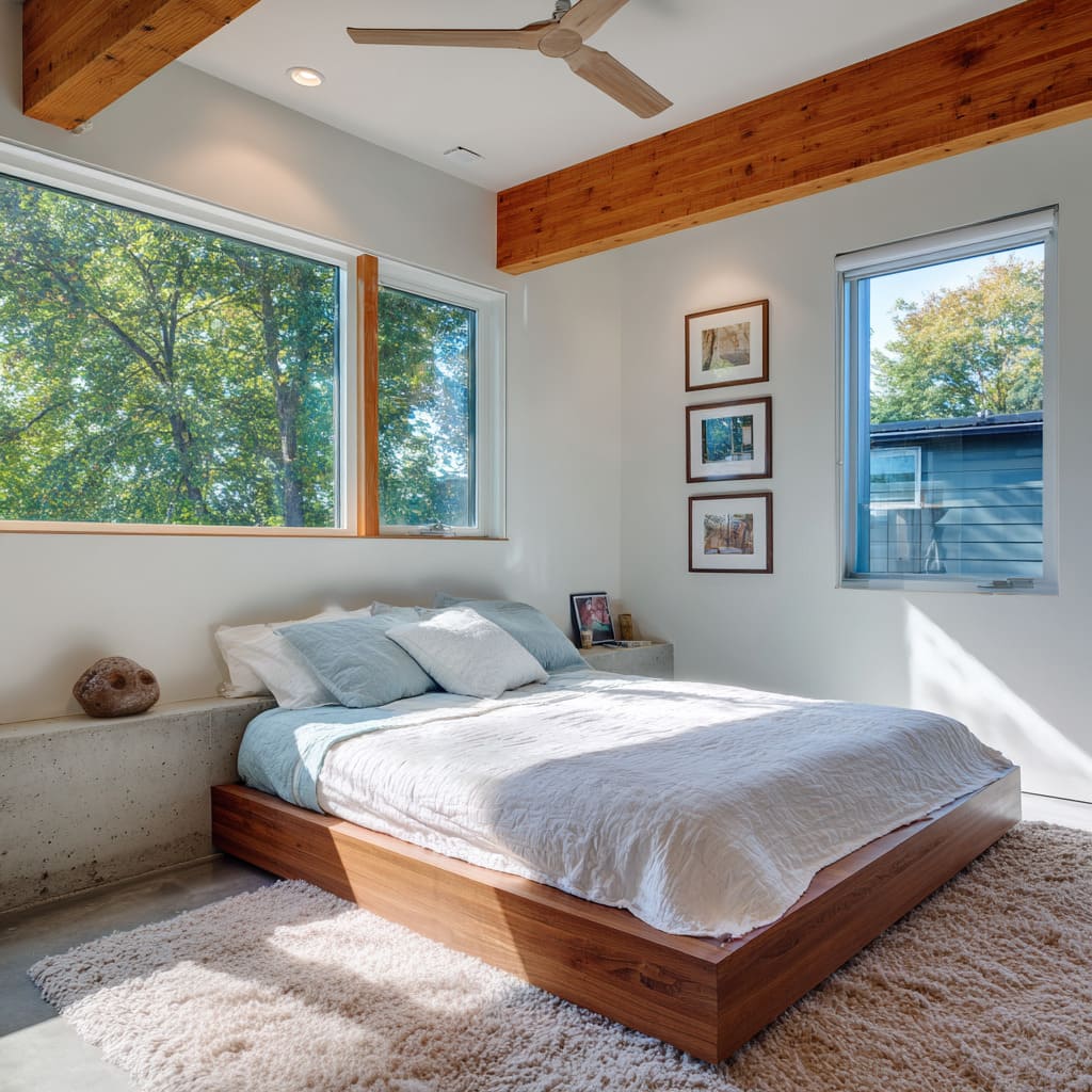 short concrete ledge headboard provides character to the interior design