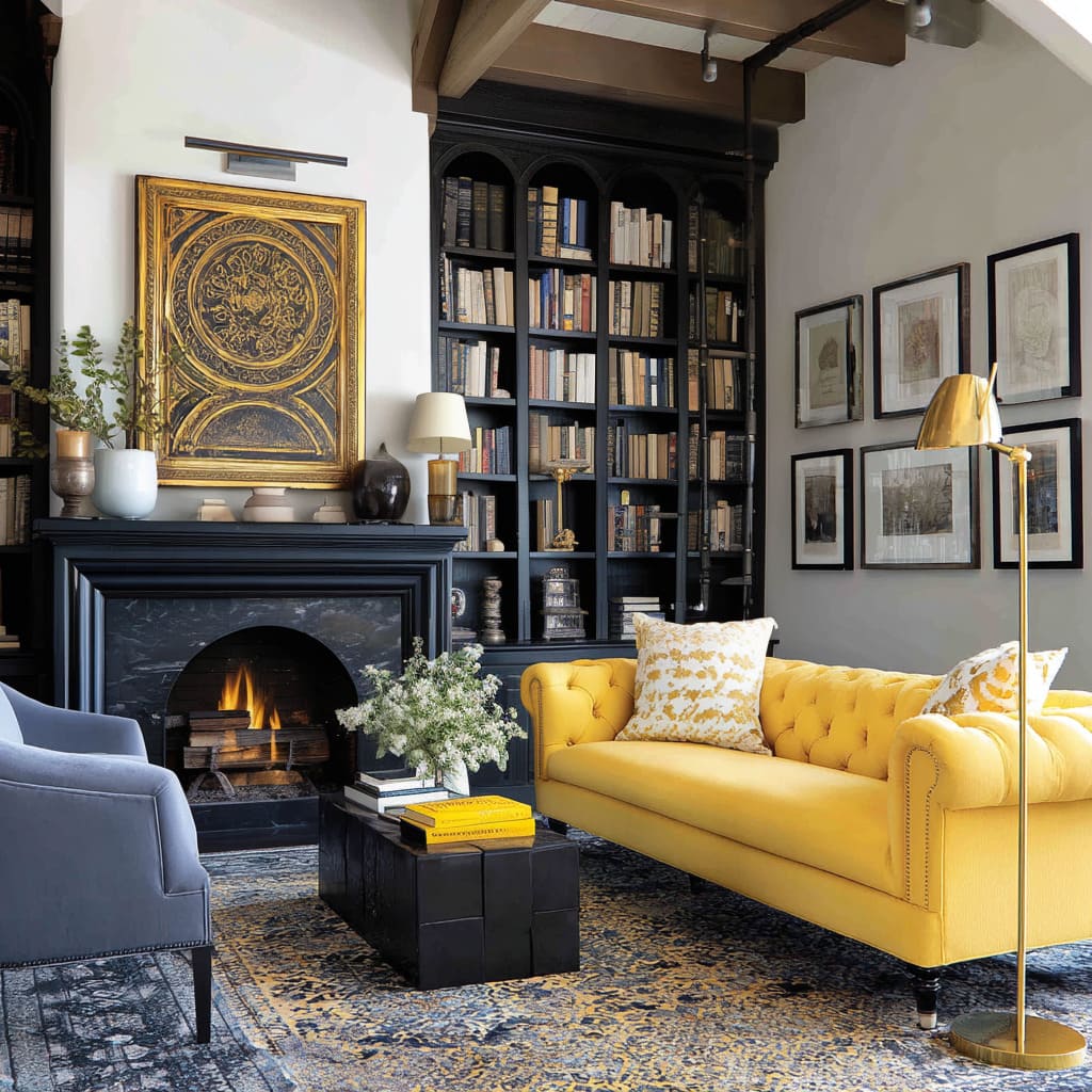 small tufted yellow sofa with black library wall, fireplace, and brass accents small tufted yellow sofa with black library wall, fireplace, and brass accents