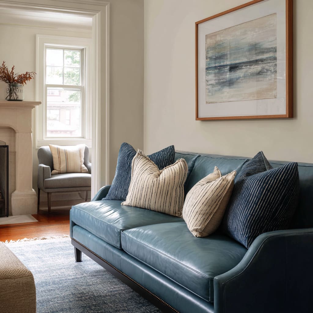 subtle striped blue anchors and warm off-white striped cushions in a classic living room setting subtle striped blue anchors and warm off-white striped cushions in a classic living room setting