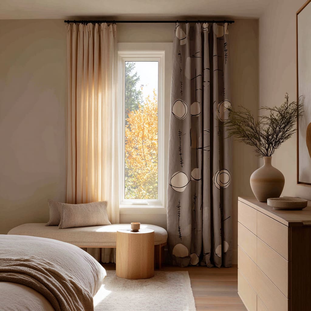 Concepto simétrico con una cortina beige lisa en un lado y un panel topo estampado en el otro Concepto simétrico con una cortina beige lisa en un lado y un panel topo estampado en el otro