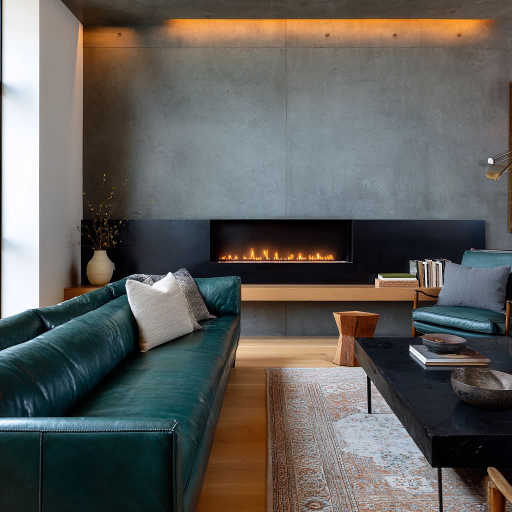 teal-green leather seating in a concrete-and-fireplace room concept that proves green can be moody and still warm, not cold or heavy teal-green leather seating in a concrete-and-fireplace room concept that proves green can be moody and still warm, not cold or heavy