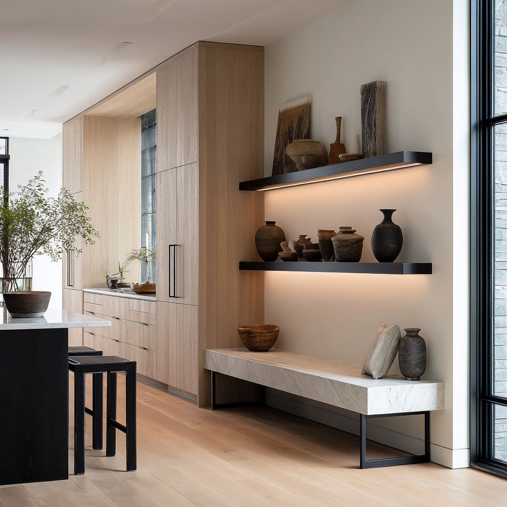 the bench design works like a mixed-material console seat, blending stone, wood, and thin metal to feel light but grounded the bench design works like a mixed-material console seat, blending stone, wood, and thin metal to feel light but grounded