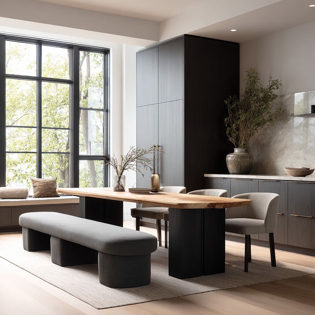 the upholstered bench design as a quiet counterweight to dark cabinetry the upholstered bench design as a quiet counterweight to dark cabinetry