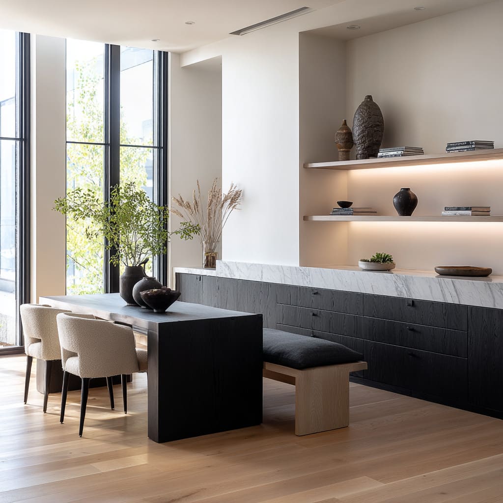 the wall-length bench idea with ultra-calm base line under a long run of drawers and a stone cap the wall-length bench idea with ultra-calm base line under a long run of drawers and a stone cap