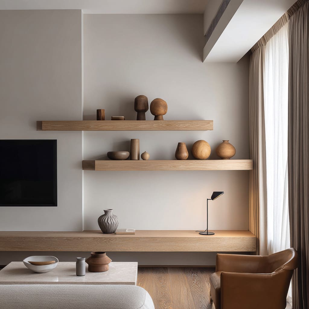 thick floating oak display shelves on the right, curated clay-toned decor, warm curtains, a caramel leather chair thick floating oak display shelves on the right, curated clay-toned decor, warm curtains, a caramel leather chair