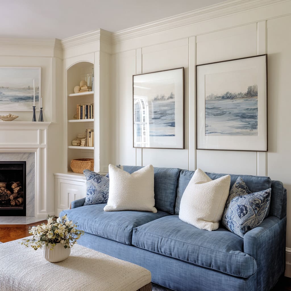 two large ivory center pillows and patterned blue corner cushions in a paneled-wall living room two large ivory center pillows and patterned blue corner cushions in a paneled-wall living room