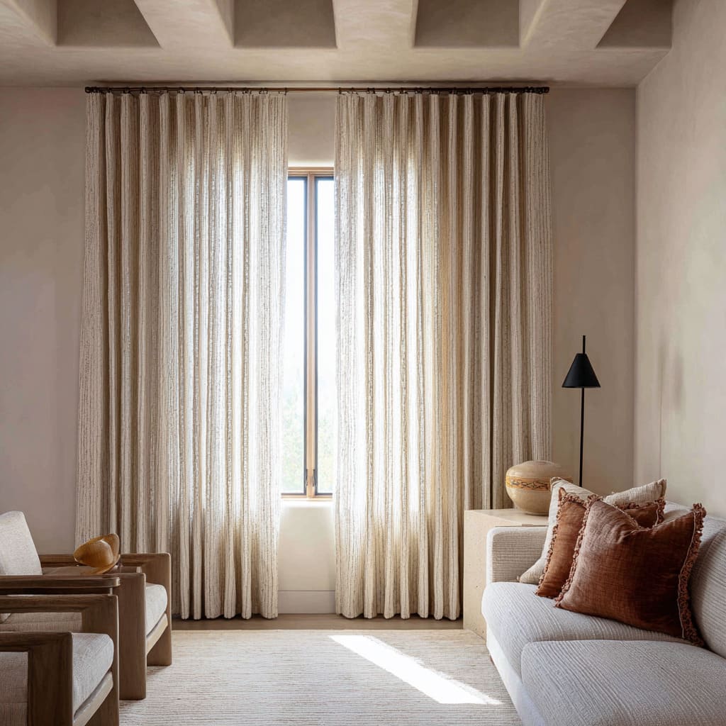 vanilla drapery with fine slub texture forming a glowing textile wall beneath ceiling beams in a calm living room design vanilla drapery with fine slub texture forming a glowing textile wall beneath ceiling beams in a calm living room design