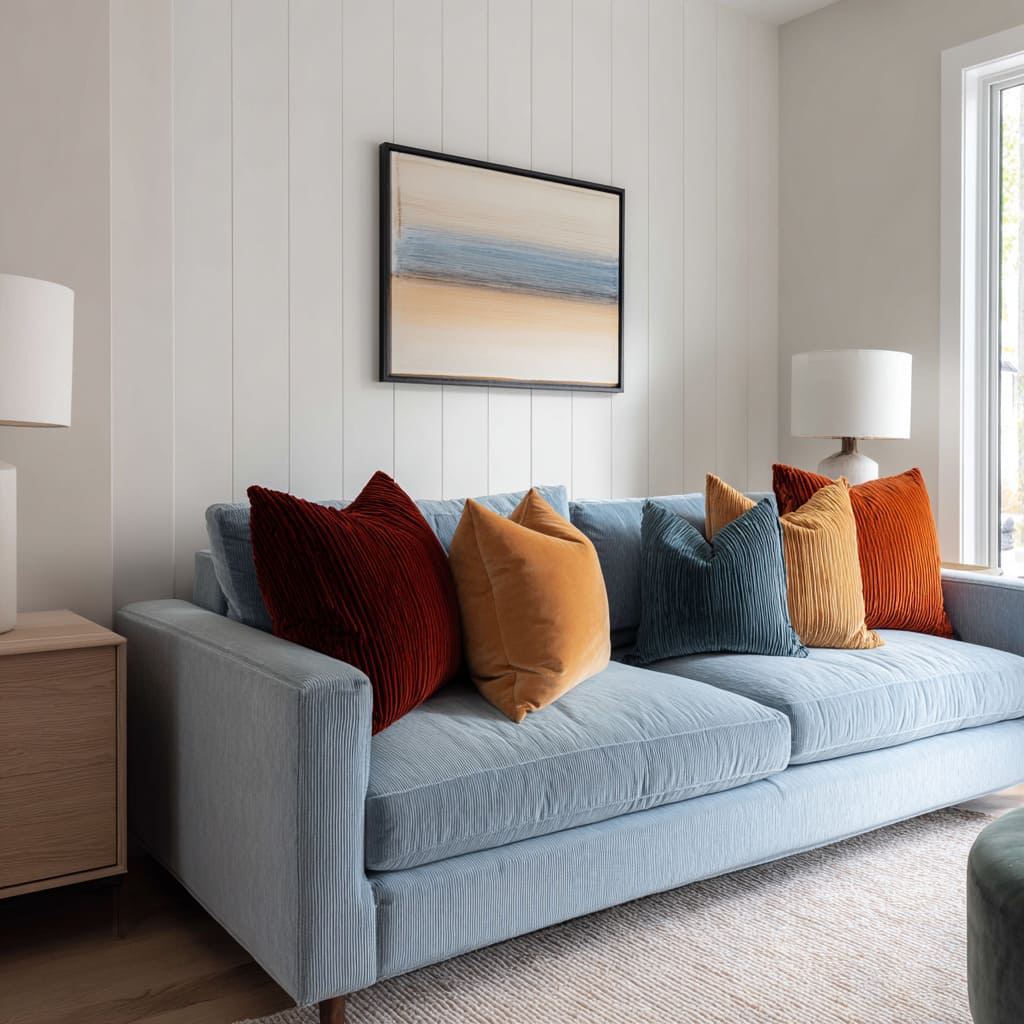 warm red-brown and orange accent pillows, a tan bridge cushion, and small blue accents for controlled warmth warm red-brown and orange accent pillows, a tan bridge cushion, and small blue accents for controlled warmth