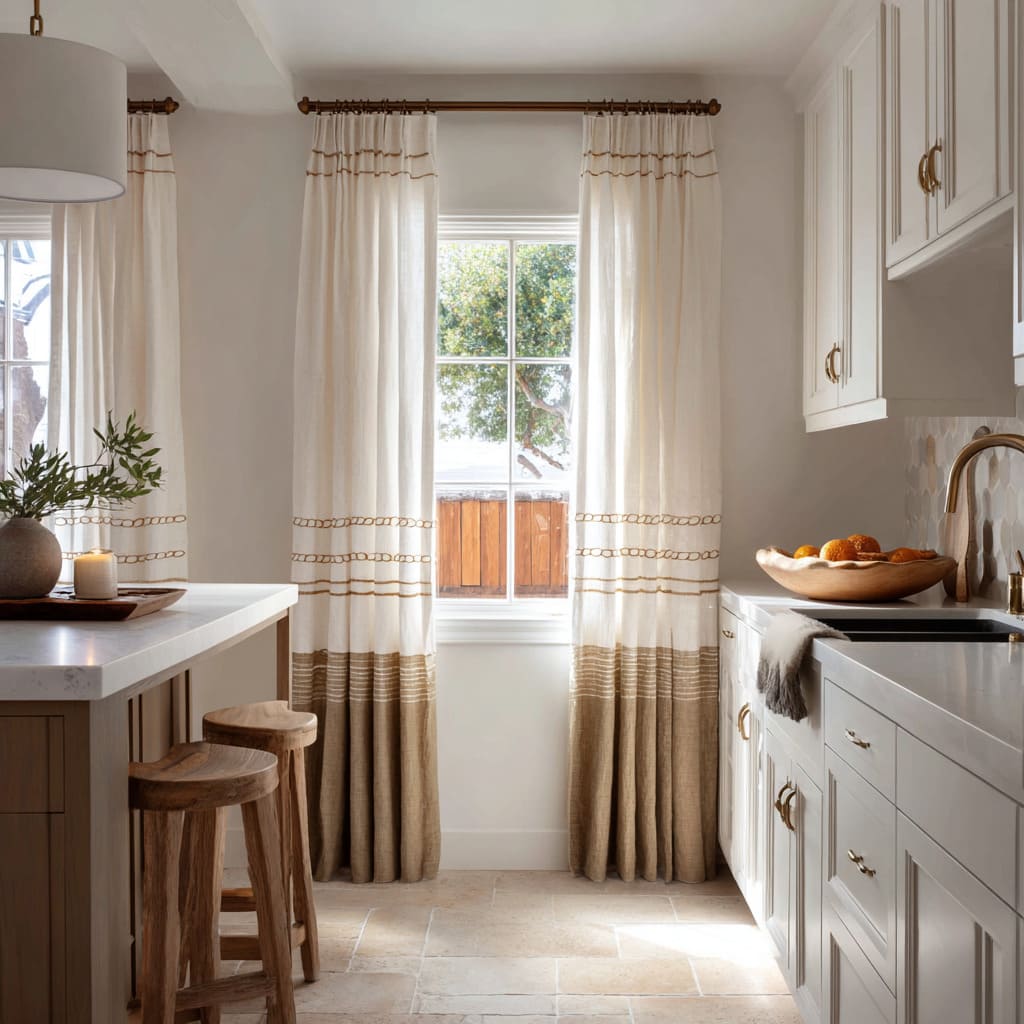 Cortinas blancas de cocina con bajos teñidos en arena y bandas bordadas horizontales que suavizan un diseño luminoso Cortinas blancas de cocina con bajos teñidos en arena y bandas bordadas horizontales que suavizan un diseño luminoso