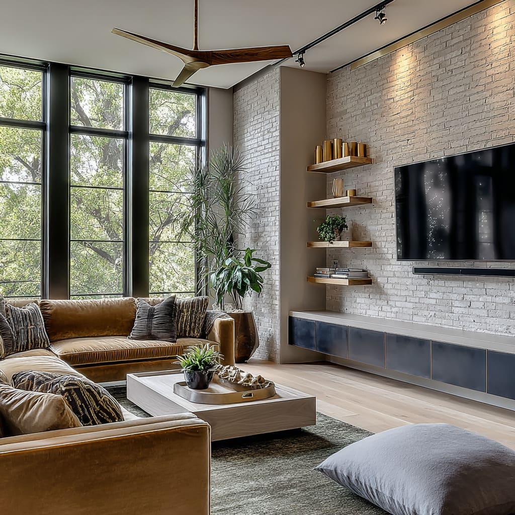 yellow sofa living room ideas with leather sectional with black-framed windows and lit brick wall yellow sofa living room ideas with leather sectional with black-framed windows and lit brick wall