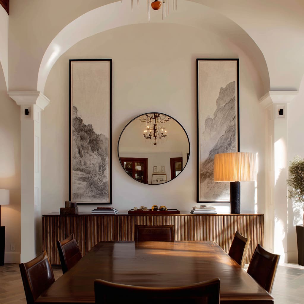 Arch niche with two tall framed artworks and a centered round mirror reflecting the chandelier Arch niche with two tall framed artworks and a centered round mirror reflecting the chandelier