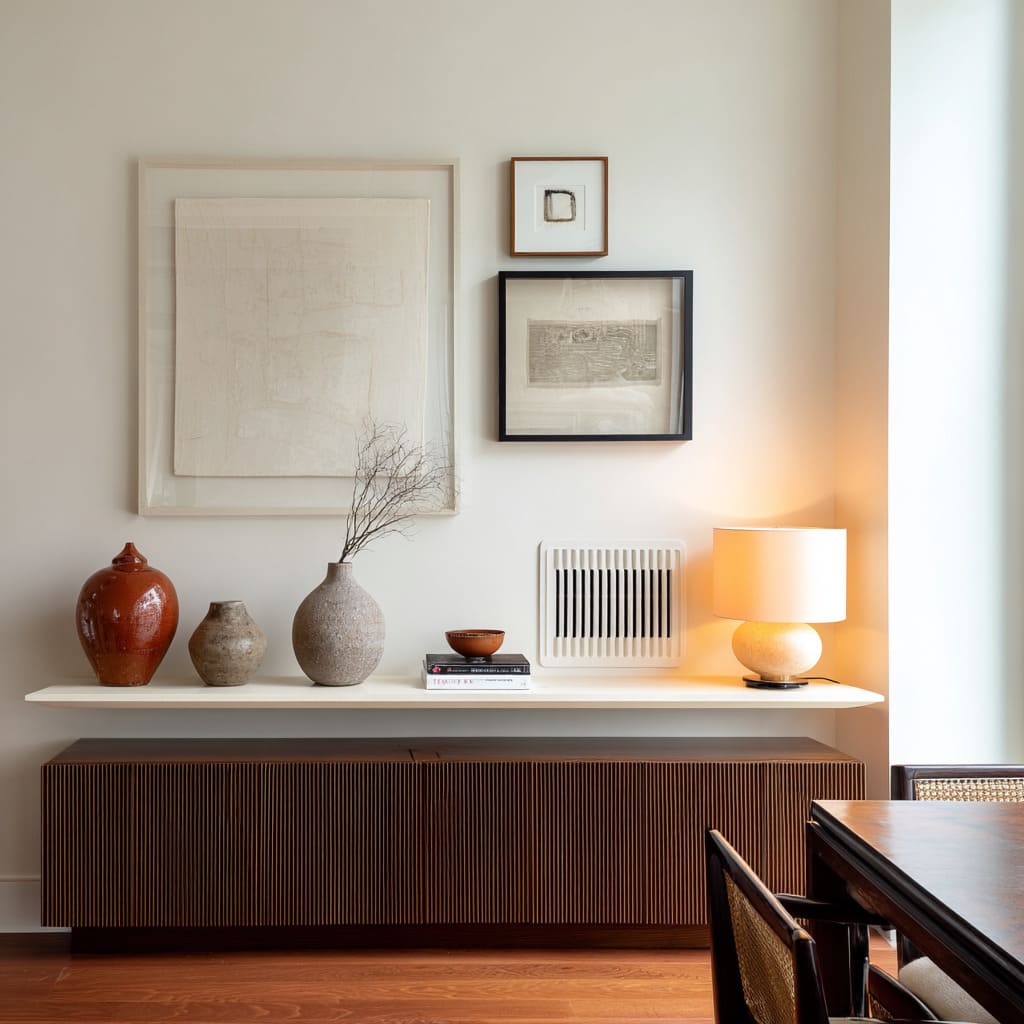 Asymmetrical framed art above a ribbed dark wood cabinet, a thin floating shelf with pottery and books, a warm table lamp, and a visible wall vent Asymmetrical framed art above a ribbed dark wood cabinet, a thin floating shelf with pottery and books, a warm table lamp, and a visible wall vent