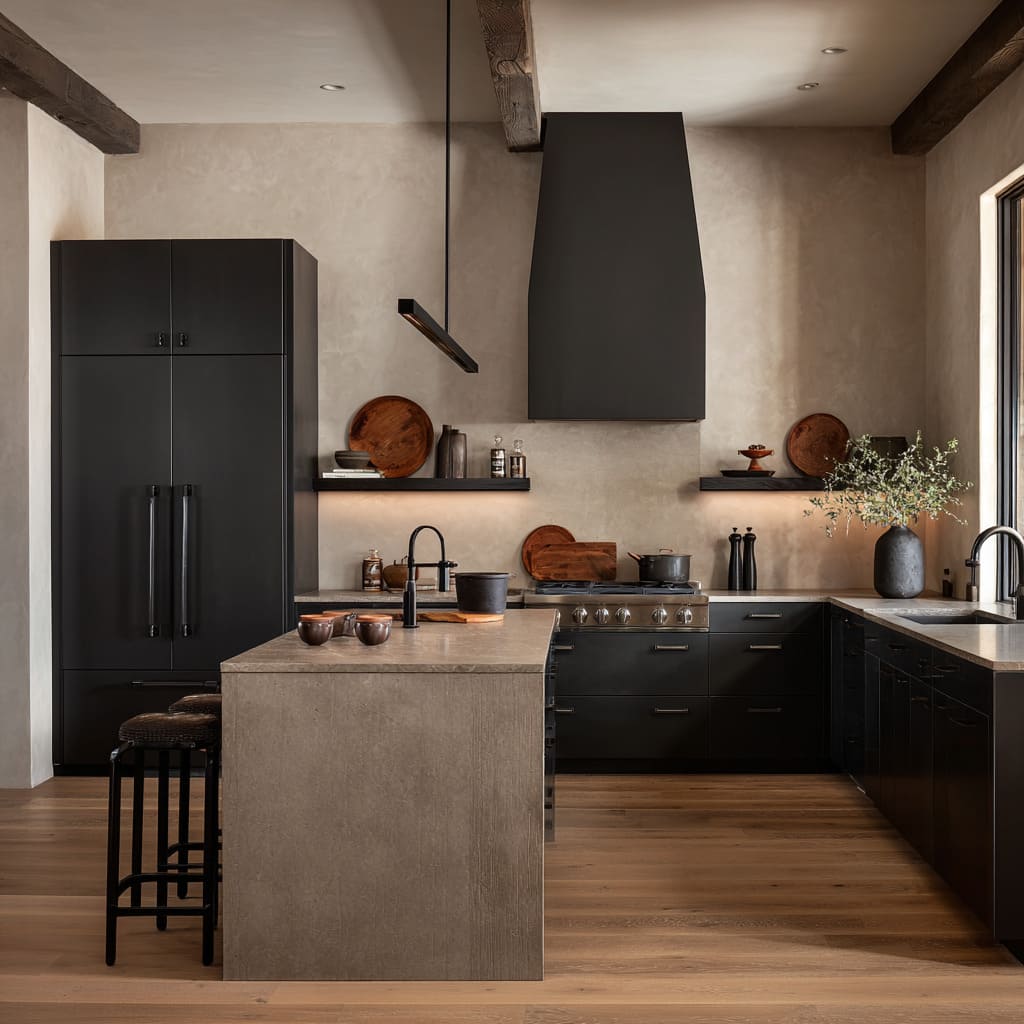 Balanced men's kitchne style expressed through black volumes, plaster warmth, and rugged, studio-like restraint Balanced men's kitchne style expressed through black volumes, plaster warmth, and rugged, studio-like restraint