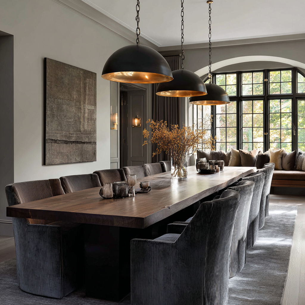 Bold high-contrast formal dining room design where lighting and texture do the luxury signaling