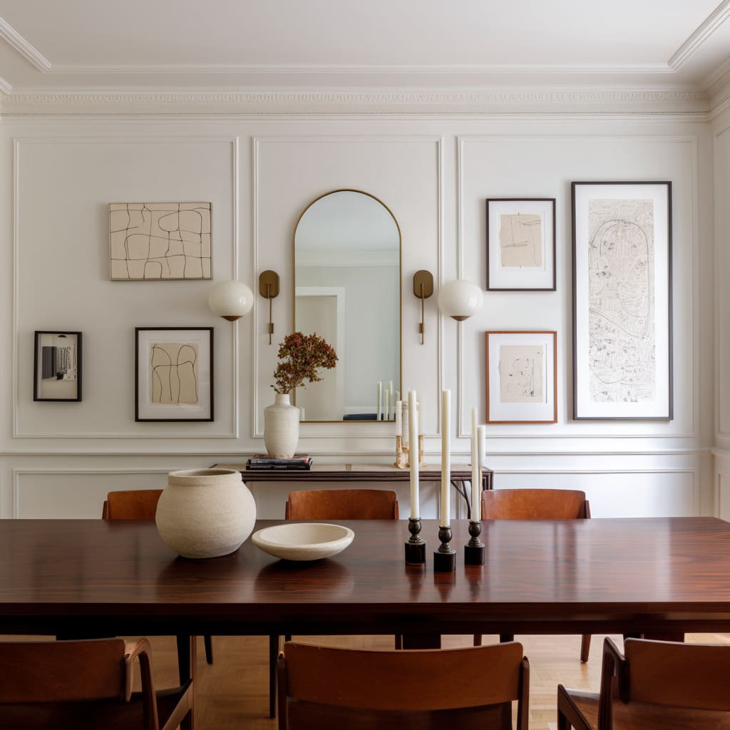 Bright paneled wall with an arched mirror centered between two globe sconces, mixed neutral framed art Bright paneled wall with an arched mirror centered between two globe sconces, mixed neutral framed art