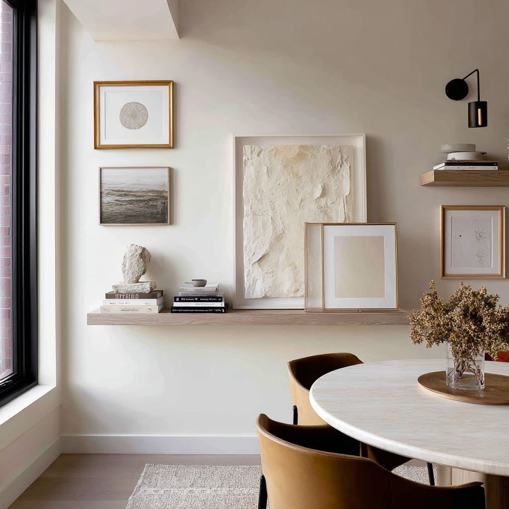 Compact dining corner with a long floating ledge, layered leaning art, stacked books, stone sculpture, and a black swing-arm wall sconce near a ro Compact dining corner with a long floating ledge, layered leaning art, stacked books, stone sculpture, and a black swing-arm wall sconce near a ro