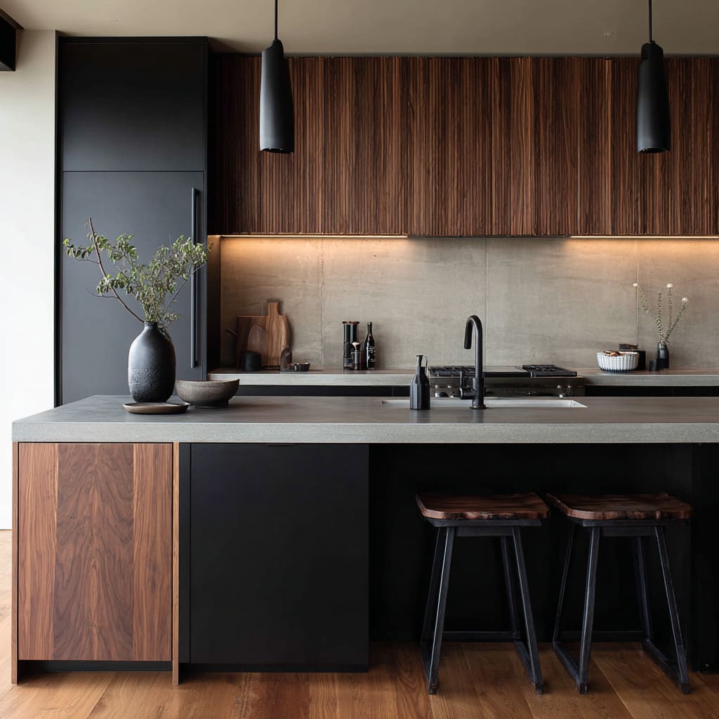 Cool black and ribbed wood high-contrast lounge kitchen idea with tall dark block, textured wood uppers, concrete plane, sculptural pendants Cool black and ribbed wood high-contrast lounge kitchen idea with tall dark block, textured wood uppers, concrete plane, sculptural pendants