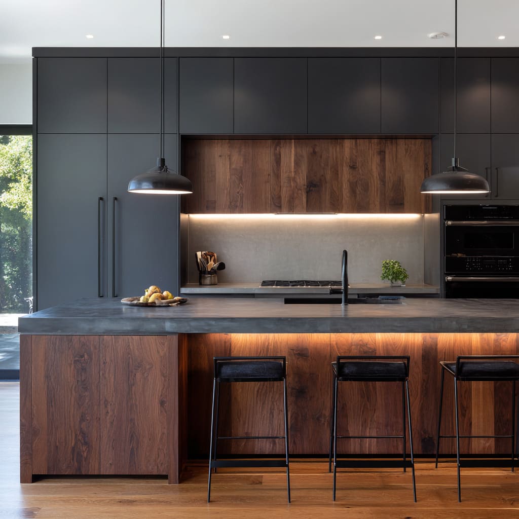 Dark cabinet wall with warm wood band and under-island glow a lounge-like men's style that feels social and expensive Dark cabinet wall with warm wood band and under-island glow a lounge-like men's style that feels social and expensive