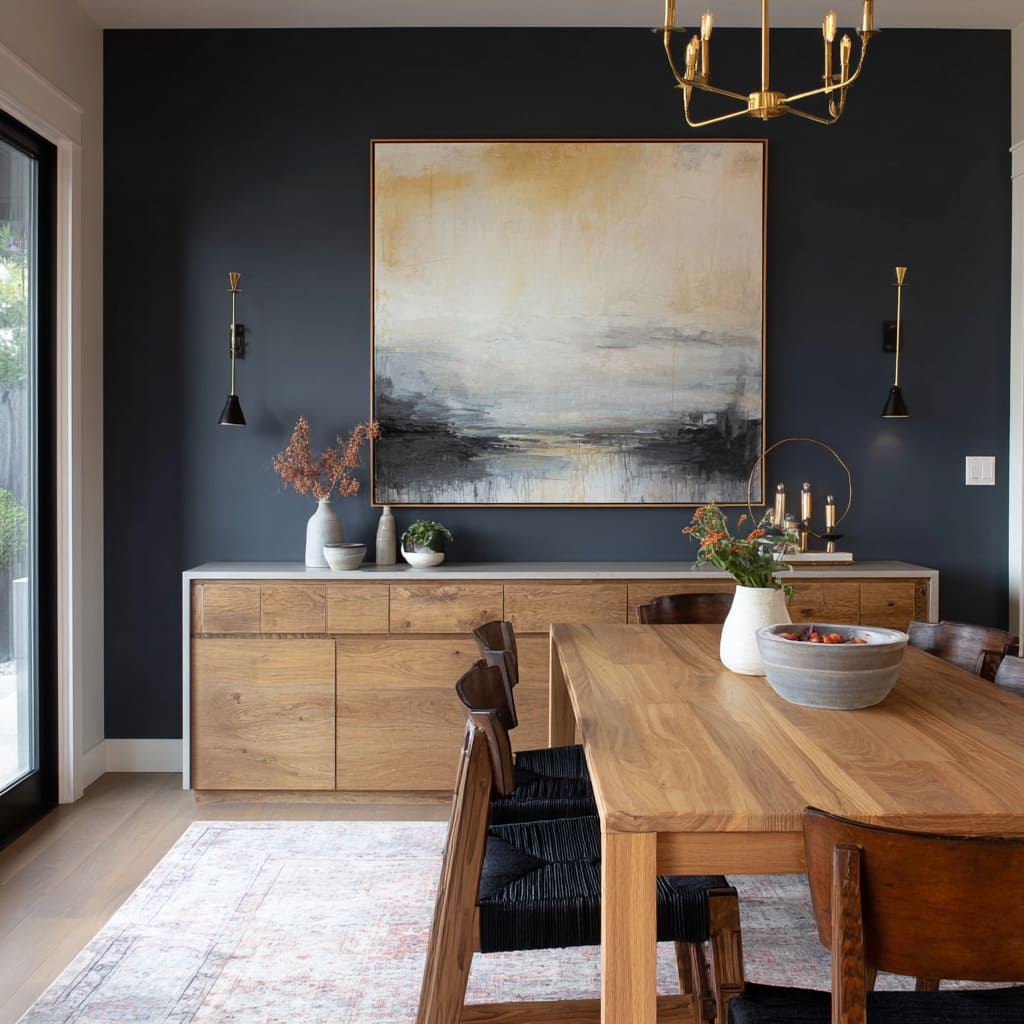 Dark feature wall with oversized abstract art, two minimal black sconces, a warm wood sideboard with pale top Dark feature wall with oversized abstract art, two minimal black sconces, a warm wood sideboard with pale top