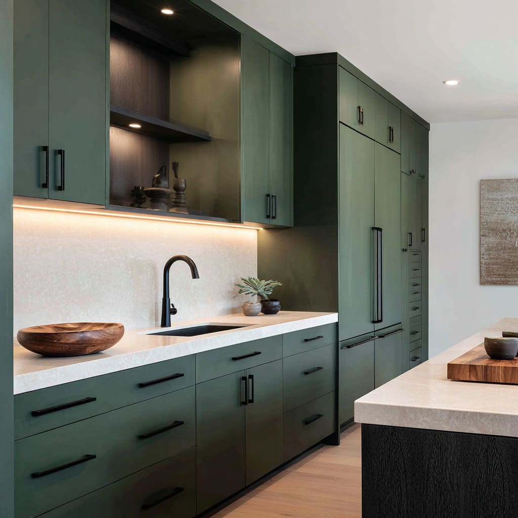 Deep green matte galley with a shadowy display niche organized, calm, and quietly bold without using black Deep green matte galley with a shadowy display niche organized, calm, and quietly bold without using black