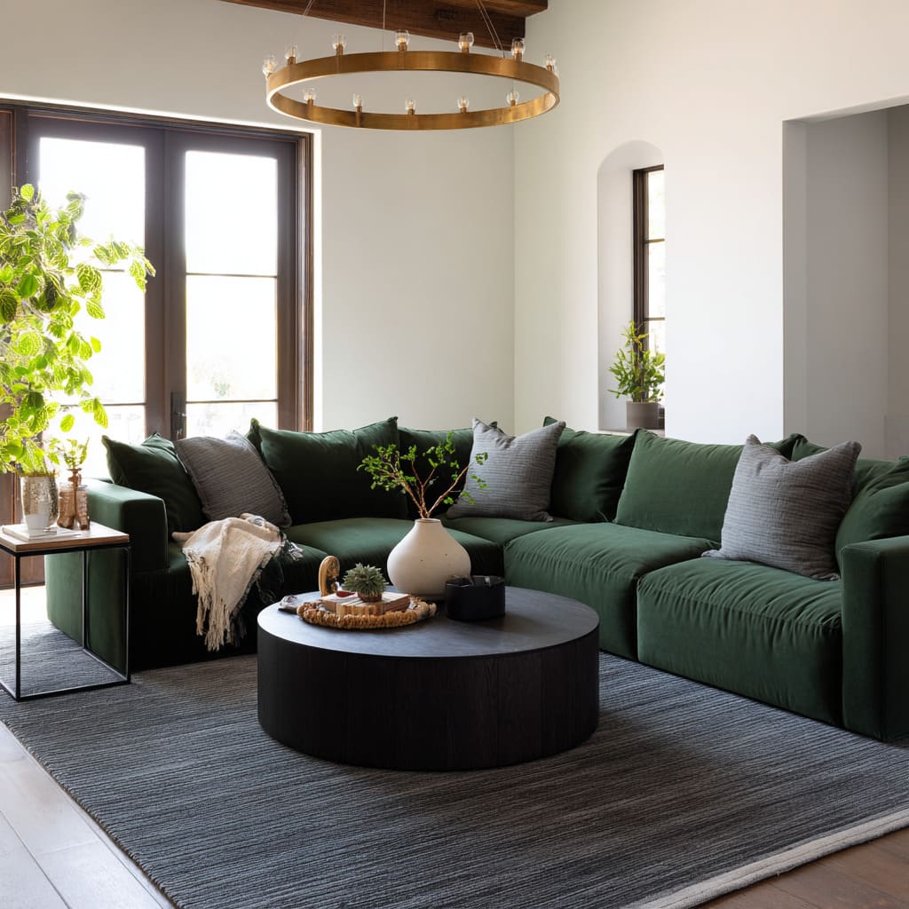 Desert-modern living room with a dark green L-shaped sectional, oversized matte-black round coffee table