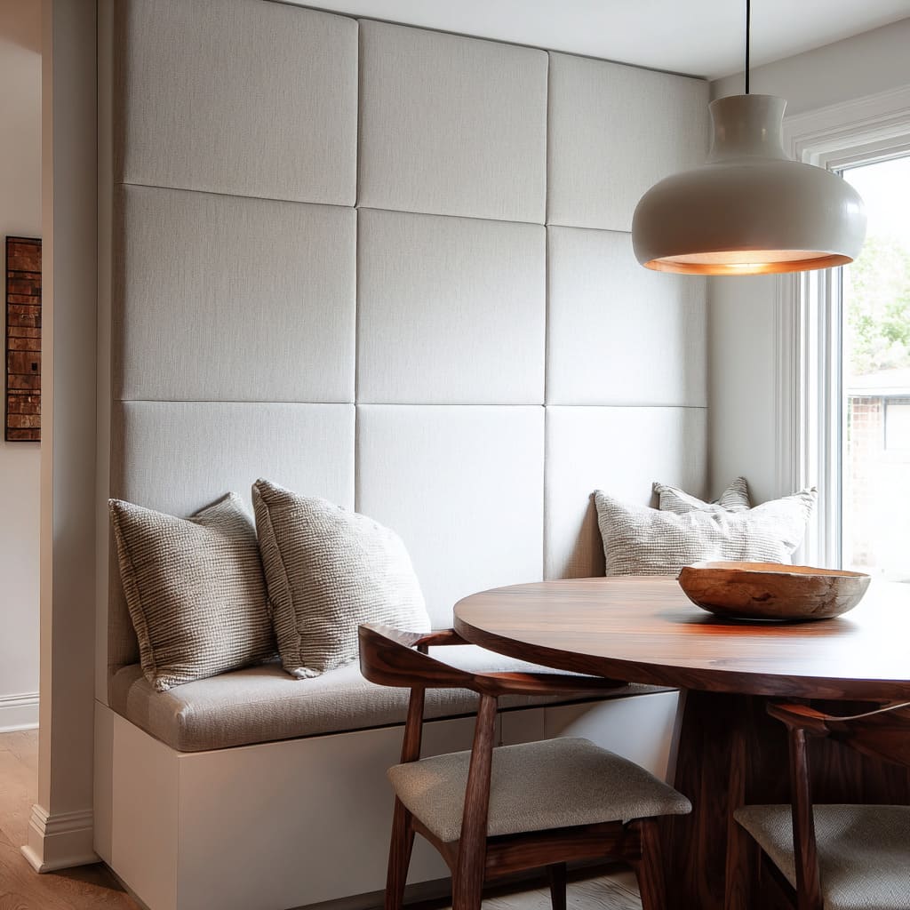 Dining nook design with a grid of upholstered wall panels behind a banquette, a round wood table, textured pillows Dining nook design with a grid of upholstered wall panels behind a banquette, a round wood table, textured pillows