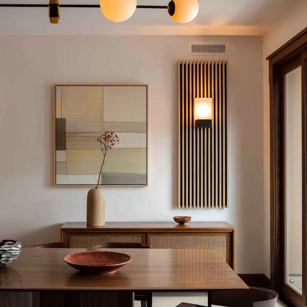 Dining wall with a tall vertical wood-slat panel and warm wall light, paired with a framed abstract artwork and a cane-front sideboard with minima Dining wall with a tall vertical wood-slat panel and warm wall light, paired with a framed abstract artwork and a cane-front sideboard with minima