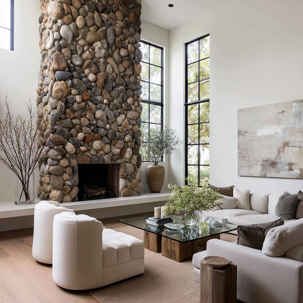 Double-height river-rock chimney tower concept with a long bench ledge and airy modern furniture