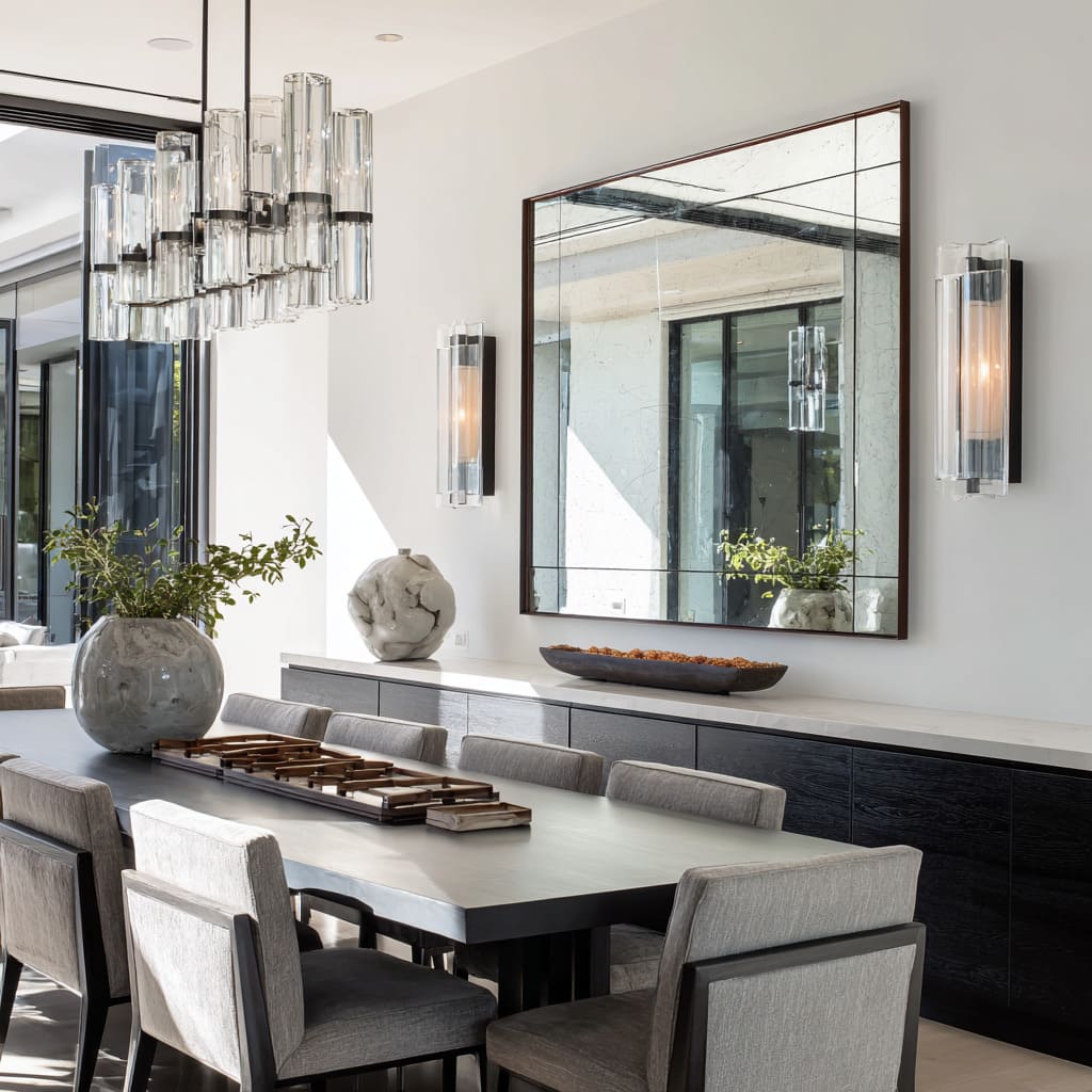 Grid-style oversized mirror framed by two tall glowing wall lights over a long dark sideboard, with a modern dining table Grid-style oversized mirror framed by two tall glowing wall lights over a long dark sideboard, with a modern dining table