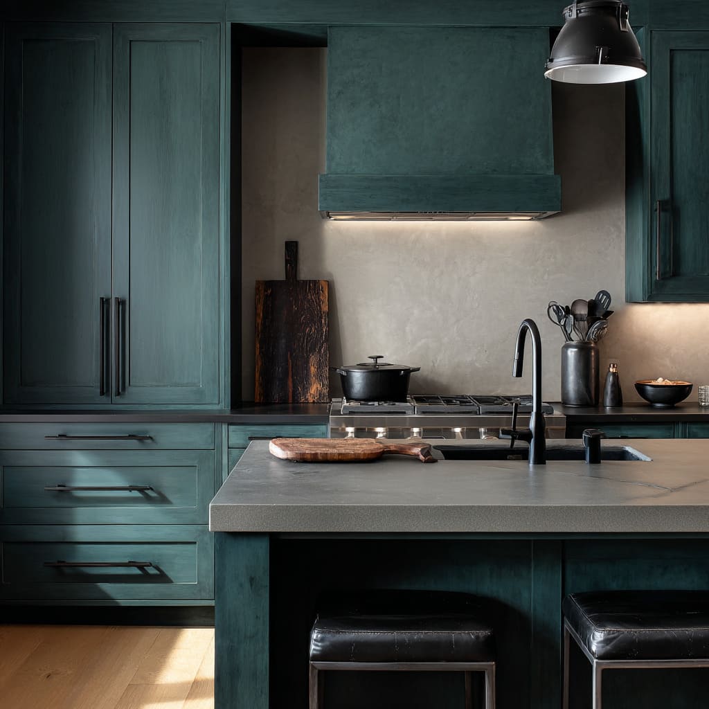 Impressive deep teal and concretecontrolled mood kitchen design with color as shadow, industrial pendant, leather stools, matte black accents Impressive deep teal and concretecontrolled mood kitchen design with color as shadow, industrial pendant, leather stools, matte black accents