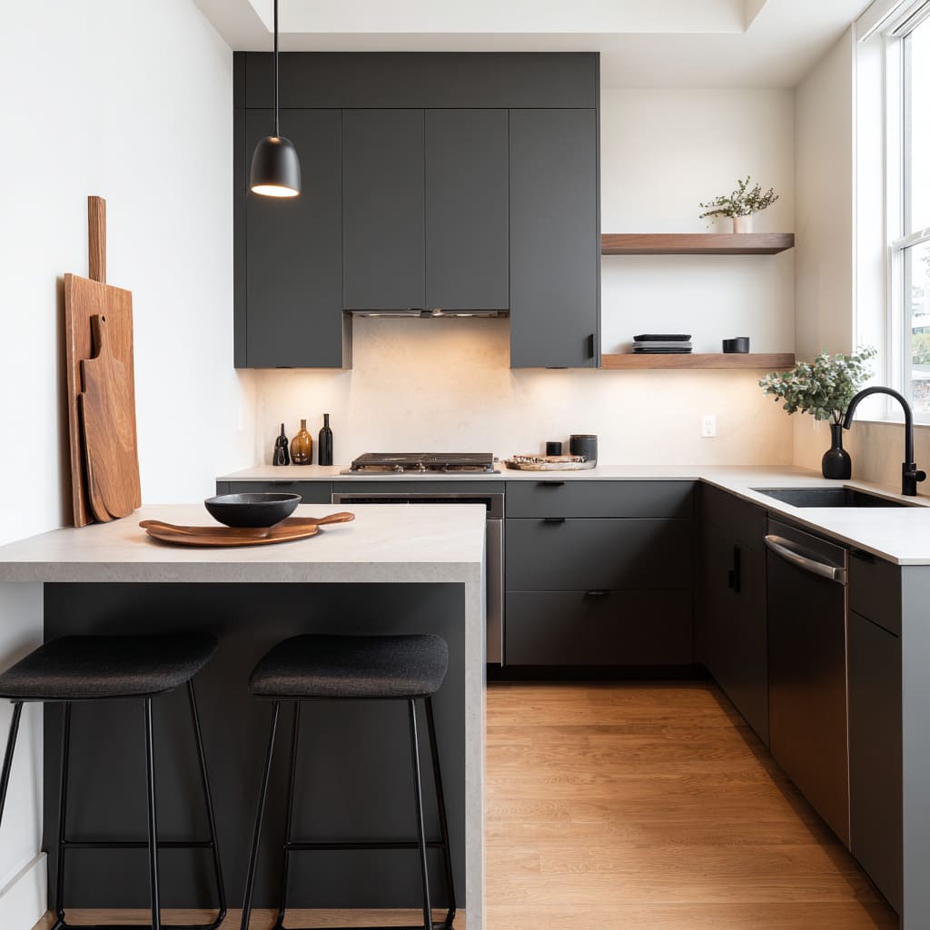 L-shape charcoal clean edge kitchen design with matte dark cabinets, open wood shelves, quiet styling L-shape charcoal clean edge kitchen design with matte dark cabinets, open wood shelves, quiet styling