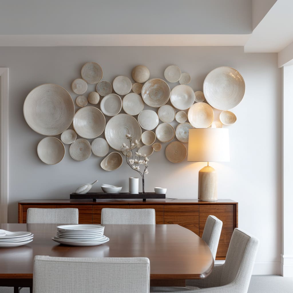 Large ceramic plate wall cluster in soft neutrals above a warm wood sideboard, styled with bowls and branches