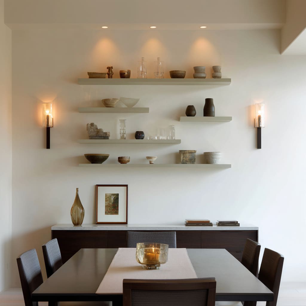 Large dining wall with staggered floating shelves, small art and objects spaced with gaps, wide wall sconces and spotlights Large dining wall with staggered floating shelves, small art and objects spaced with gaps, wide wall sconces and spotlights