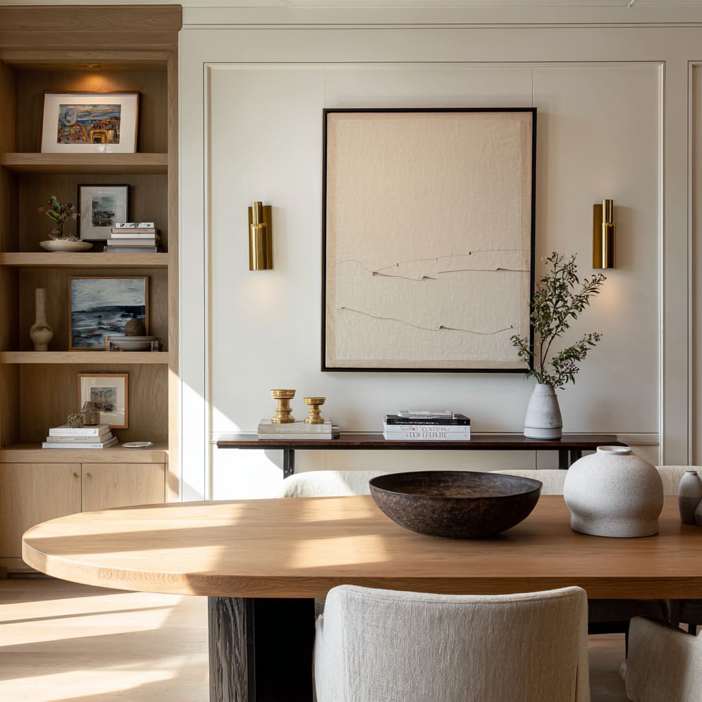 Large pale textured artwork flanked by brass sconces near built-in shelves, with a console styled in small clusters Large pale textured artwork flanked by brass sconces near built-in shelves, with a console styled in small clusters