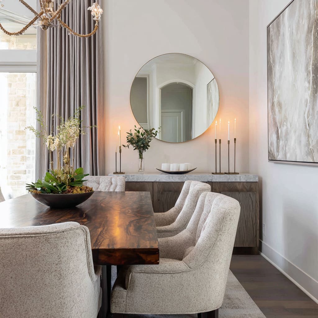 Large round mirror over a light sideboard reflecting a sparkling chandelier, with slim candlesticks, soft florals, and a pale dining setup Large round mirror over a light sideboard reflecting a sparkling chandelier, with slim candlesticks, soft florals, and a pale dining setup