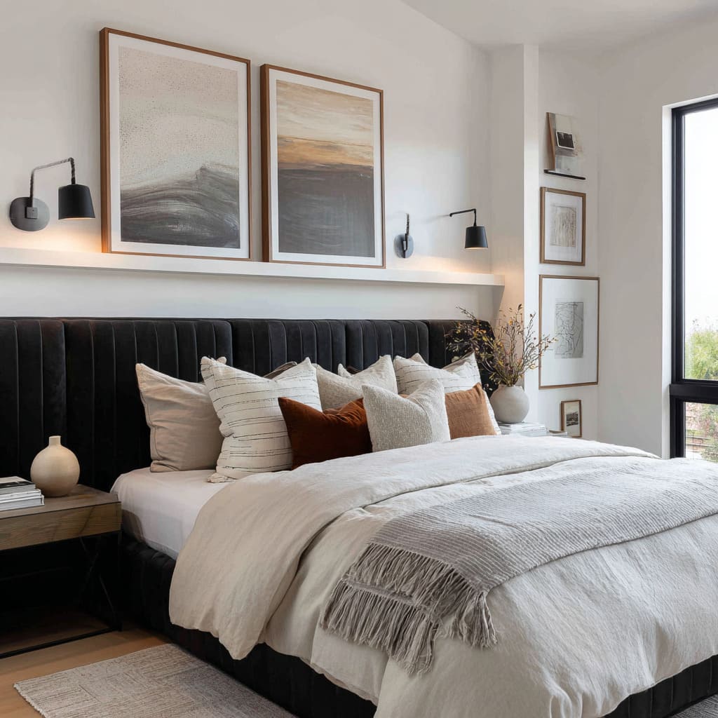 Long art shelf and black channel headboard fixes wall scale, keeps styling flexible, and creates a clean line above the bed