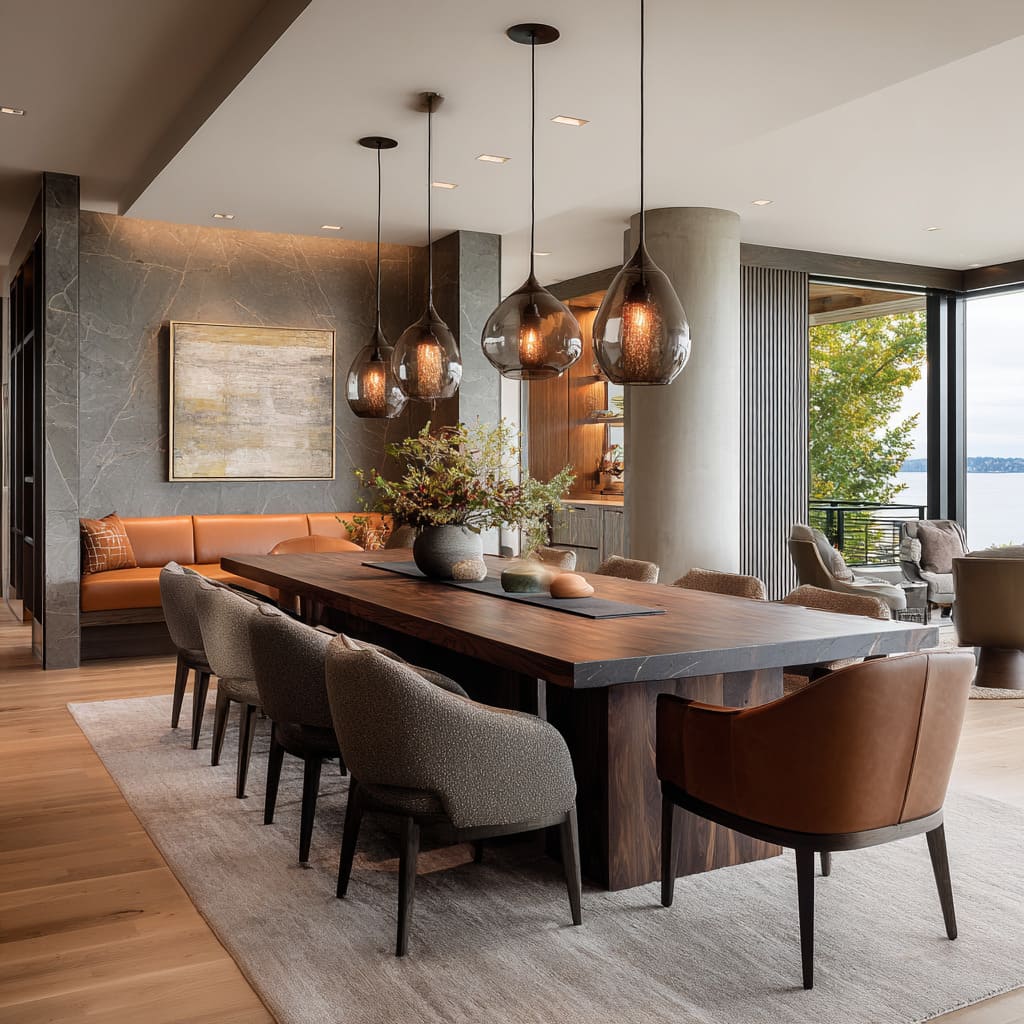 Long dining table with leather banquette and smoked-glass pendants in open plan