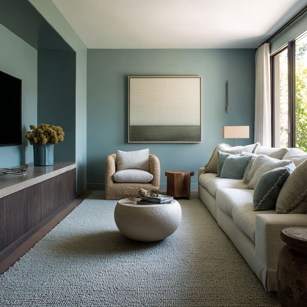 Muted blue-green living room design with large gradient art, low sofa, textured accent chair, rounded ottoman with tray, and long dark console