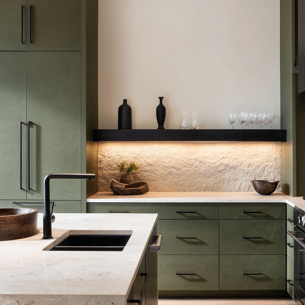 Olive matte cabinetry ideas with carved light box niche calm, grounded men's style that feels collected, not cold Olive matte cabinetry ideas with carved light box niche calm, grounded men's style that feels collected, not cold