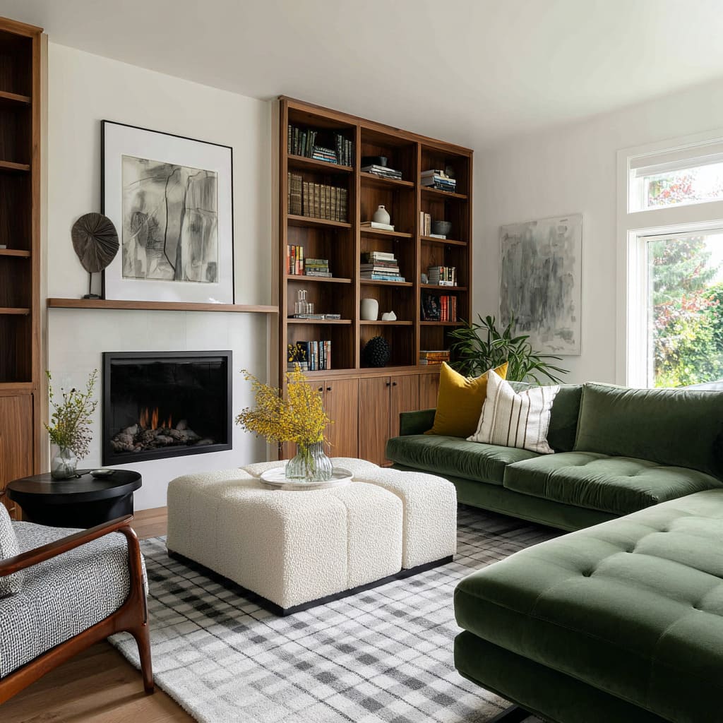 Open-plan living room concept with emerald sectional and wood built-ins with fireplace, using plaid rug and boucle ottoman