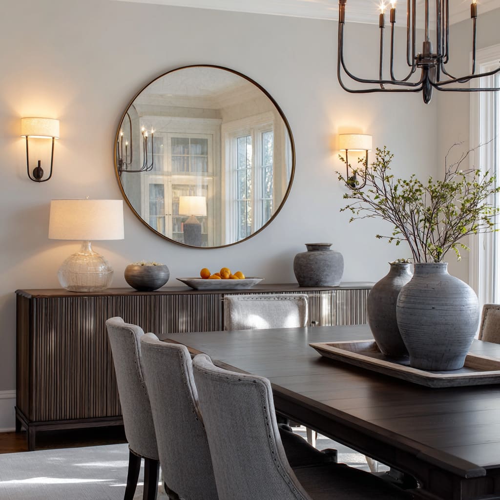 Oversized round mirror with two wall lights above a ribbed sideboard, a glass table lamp, citrus on a tray Oversized round mirror with two wall lights above a ribbed sideboard, a glass table lamp, citrus on a tray
