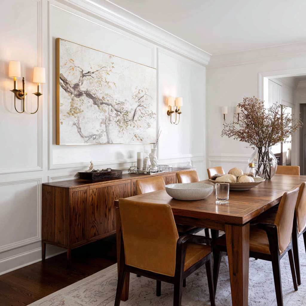 Paneled dining wall with a large airy artwork and twin sconces casting warm halos, a wood sideboard with low styling Paneled dining wall with a large airy artwork and twin sconces casting warm halos, a wood sideboard with low styling