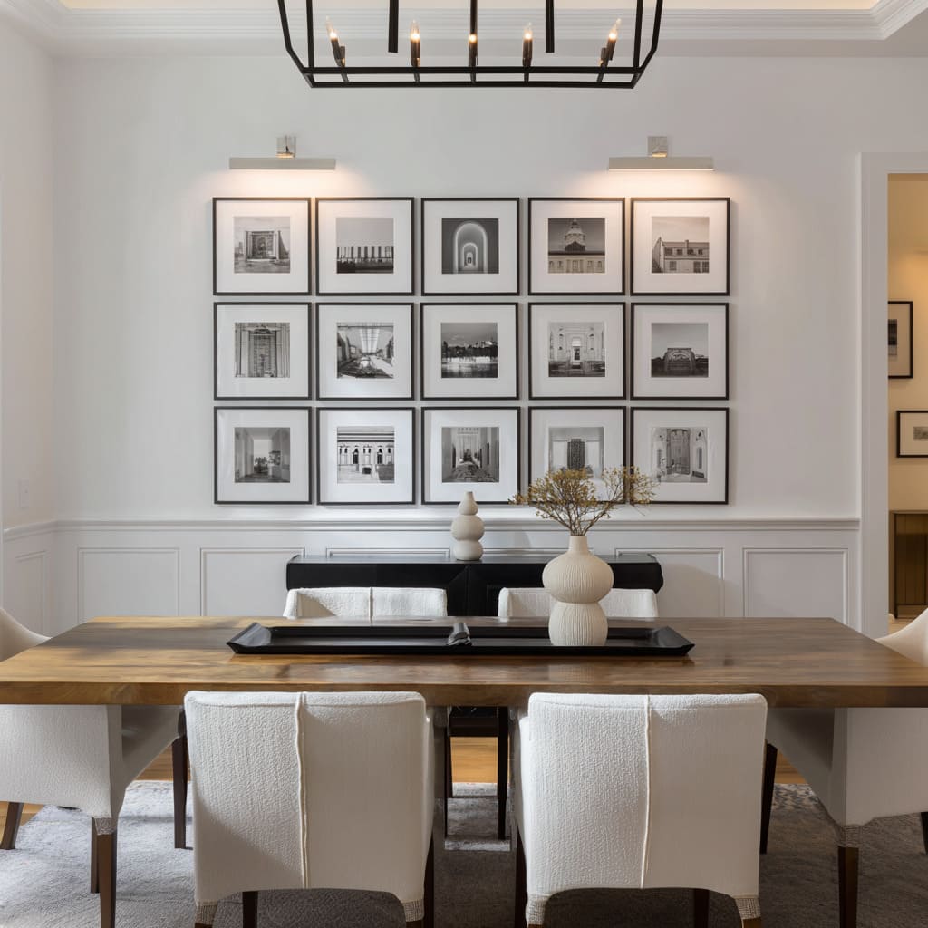 Perfect grid gallery wall of black-framed photos with white mats, lit by two slim picture lights, above a quiet console Perfect grid gallery wall of black-framed photos with white mats, lit by two slim picture lights, above a quiet console