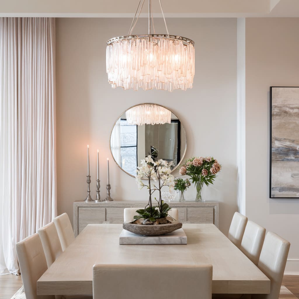 Round mirror above a long sideboard with tall candle stands, a low bowl and greenery, plus a large abstract artwork Round mirror above a long sideboard with tall candle stands, a low bowl and greenery, plus a large abstract artwork