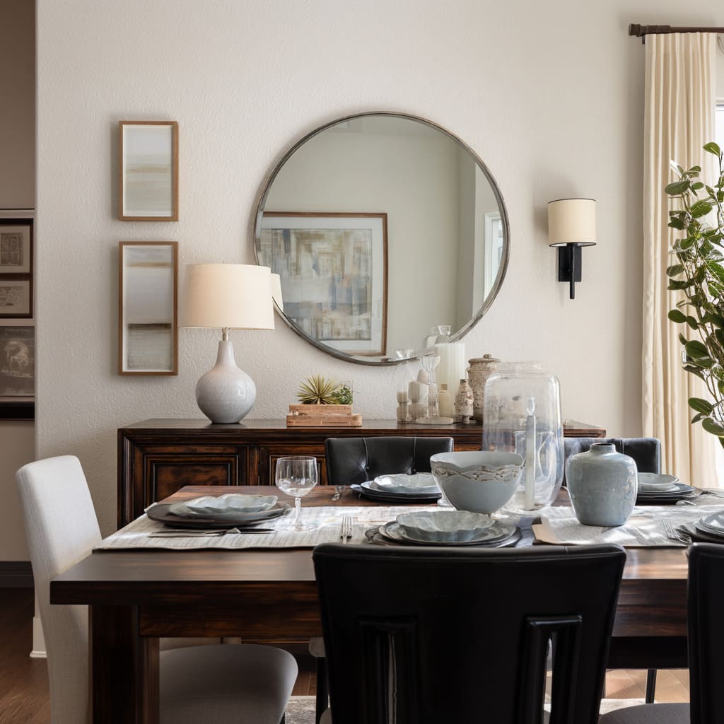 Round mirror over a dark sideboard, two slim stacked frames to the left, a wall lamp to the right, and calm clusters Round mirror over a dark sideboard, two slim stacked frames to the left, a wall lamp to the right, and calm clusters