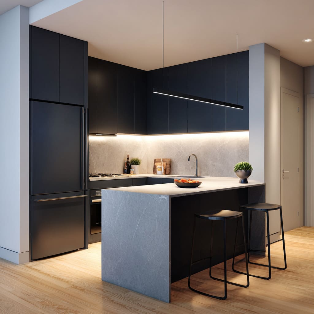Small condo layout navy precision and glow kitchen with tight L-shape, halo lighting, waterfall block island, slim black stools Small condo layout navy precision and glow kitchen with tight L-shape, halo lighting, waterfall block island, slim black stools