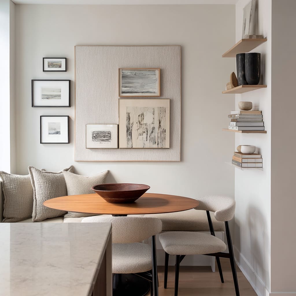 Small dining nook with a square fabric-backed wall panel holding a mixed art cluster, extra small frames to the side Small dining nook with a square fabric-backed wall panel holding a mixed art cluster, extra small frames to the side