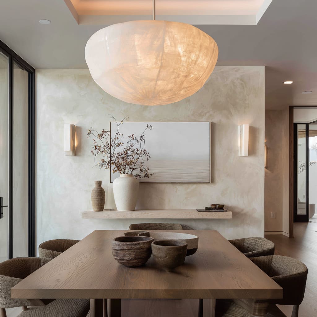 Soft plaster-like textured wall with wide horizontal artwork, two simple wall lights, and a floating ledge holding sculptural vases Soft plaster-like textured wall with wide horizontal artwork, two simple wall lights, and a floating ledge holding sculptural vases