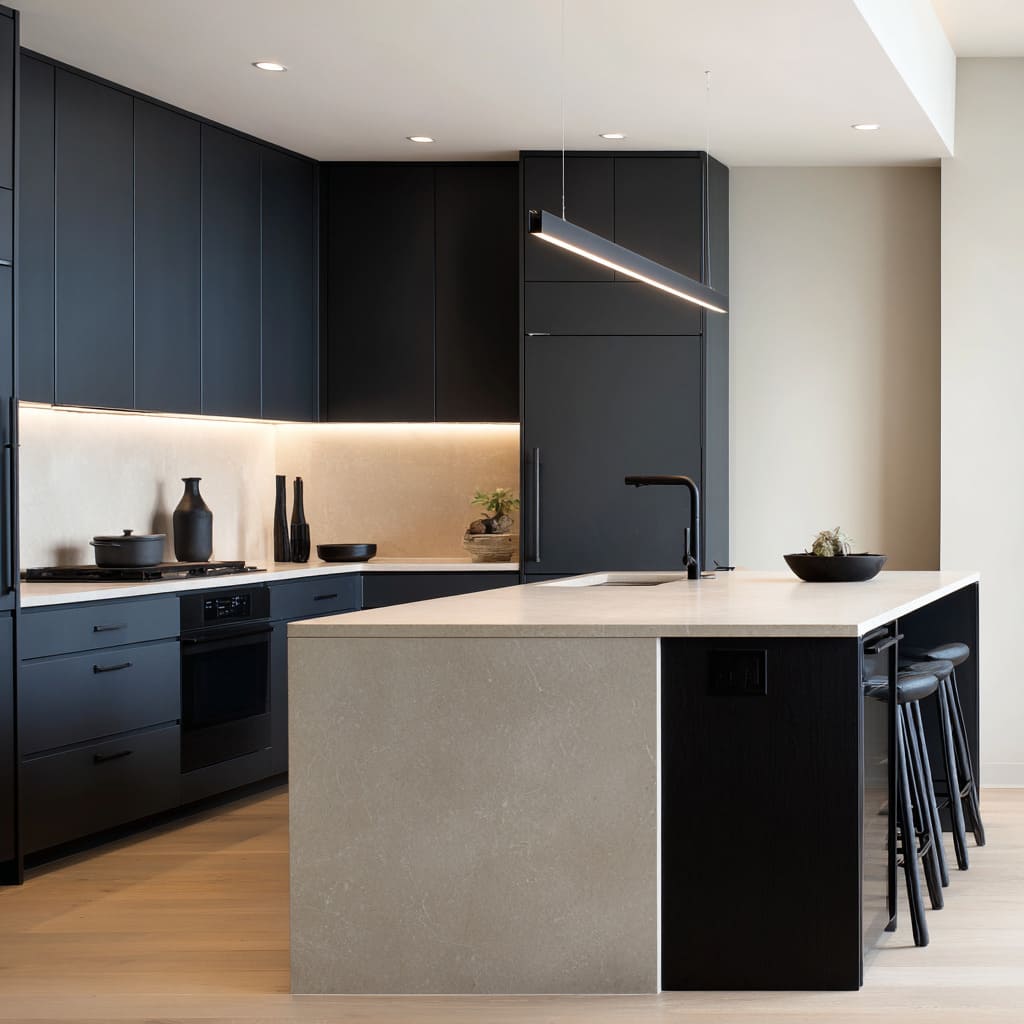 Strong matte charcoal L-shape with a blank-wall calm and a crisp slab island men's style for open-plan living that stays tidy-looking Strong matte charcoal L-shape with a blank-wall calm and a crisp slab island men's style for open-plan living that stays tidy-looking