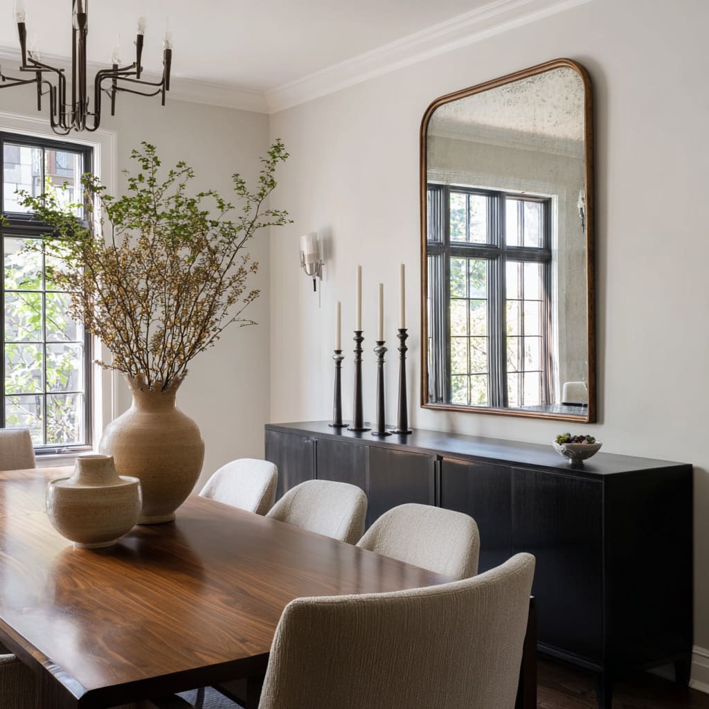 Tall antique-style arched mirror above a long dark credenza with a row of slim candlesticks, paired with a wood dining table Tall antique-style arched mirror above a long dark credenza with a row of slim candlesticks, paired with a wood dining table